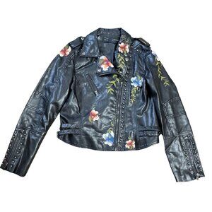 BLACK MOTORCYCLE JACKET SZ M EMBROIDERED FLORAL STUDDED CROPPED VEGAN LEATHER WO